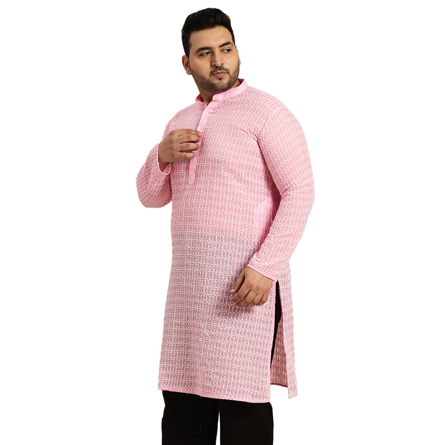 Sojanya Plus (Since 1958) Men's Pure Cotton Pink Kurta With White Embroidery