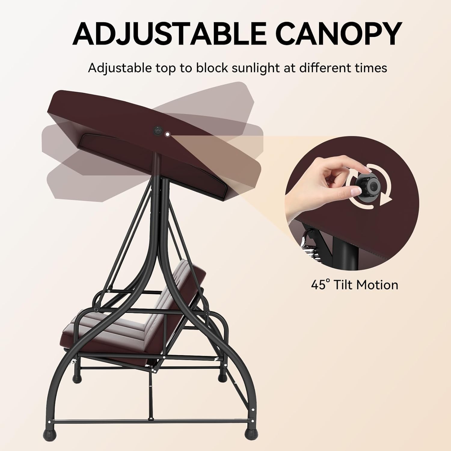 3-Seat Outdoor Patio Swing Glider - Heavy Duty Steel Frame with Adjustable Canopy & Removable Cushions - All Weather Porch Swings Chair for Backyard, Garden, Poolside - Brown