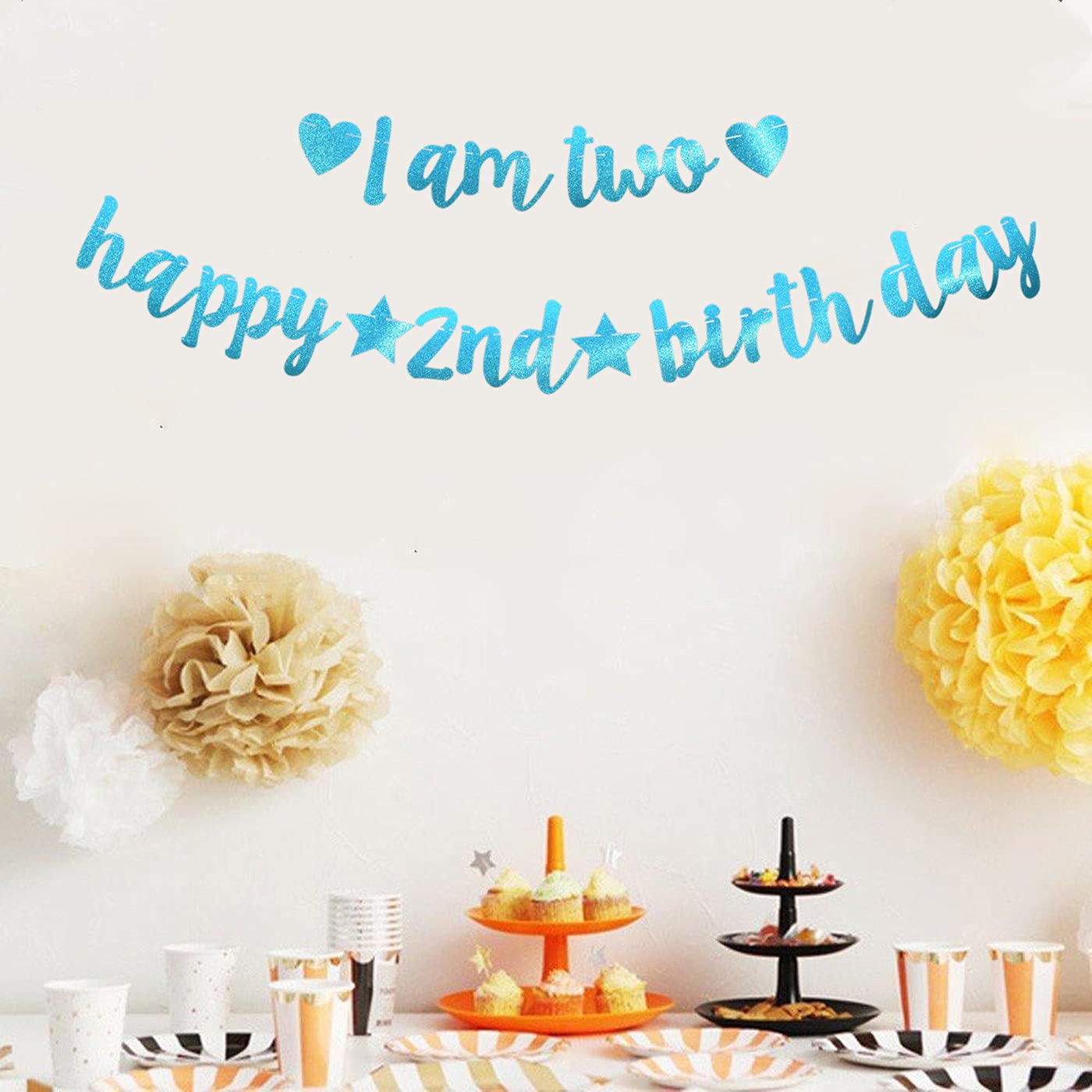 Bng-bng Banner Compleanno 2 Anni Ragazzo – Decorazioni Glitterate Blu "I Am Two" E "Happy 2nd Birthday"