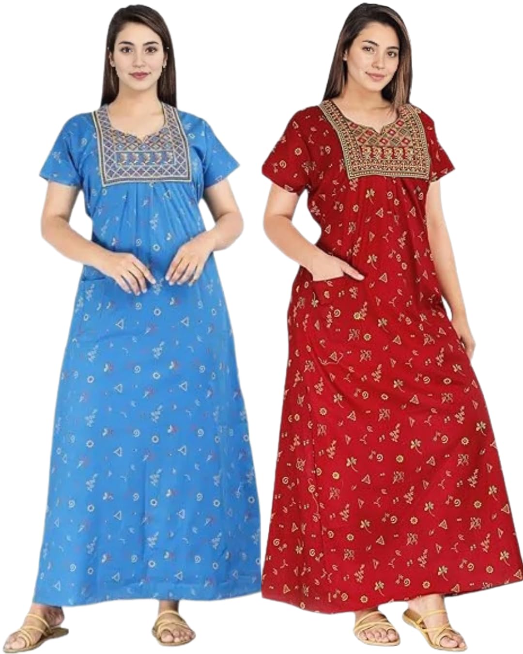tout ensemle Women's Cotton Jaipuri Nighty Gown – Pack of 2 Rajasthani Print Night Dresses | Maxi Sleepwear with Pocket | Soft Embroidered Loungewear for Ladies-picture-38