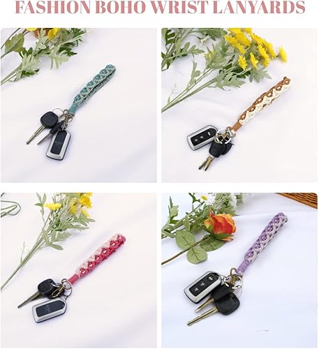 Miniatura 6 de Llavero de macramé para mujer, cordón de muñeca para llaves de coche, bonitos llaveros bohemios, pulsera para niñas