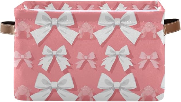Tied Bows Storage Basket Waterproof Canvas FabricBow Decorative Storage Bins Collapsible with PU Handles for Home Bedrooms