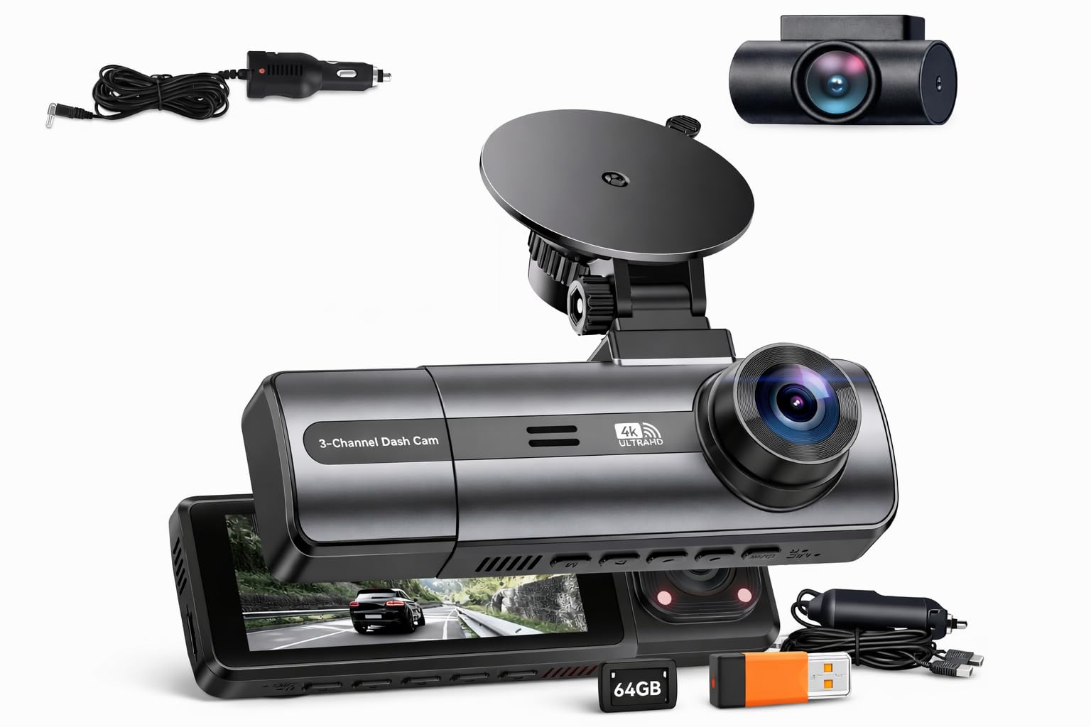 Dashcam 3 Cámaras | 4K Delantera + 1080P Interior y Trasera | WiFi 6 | Pantalla IPS 3,16'' | Visión Nocturna | Sensor G | Grabación en Bucle | 64GB