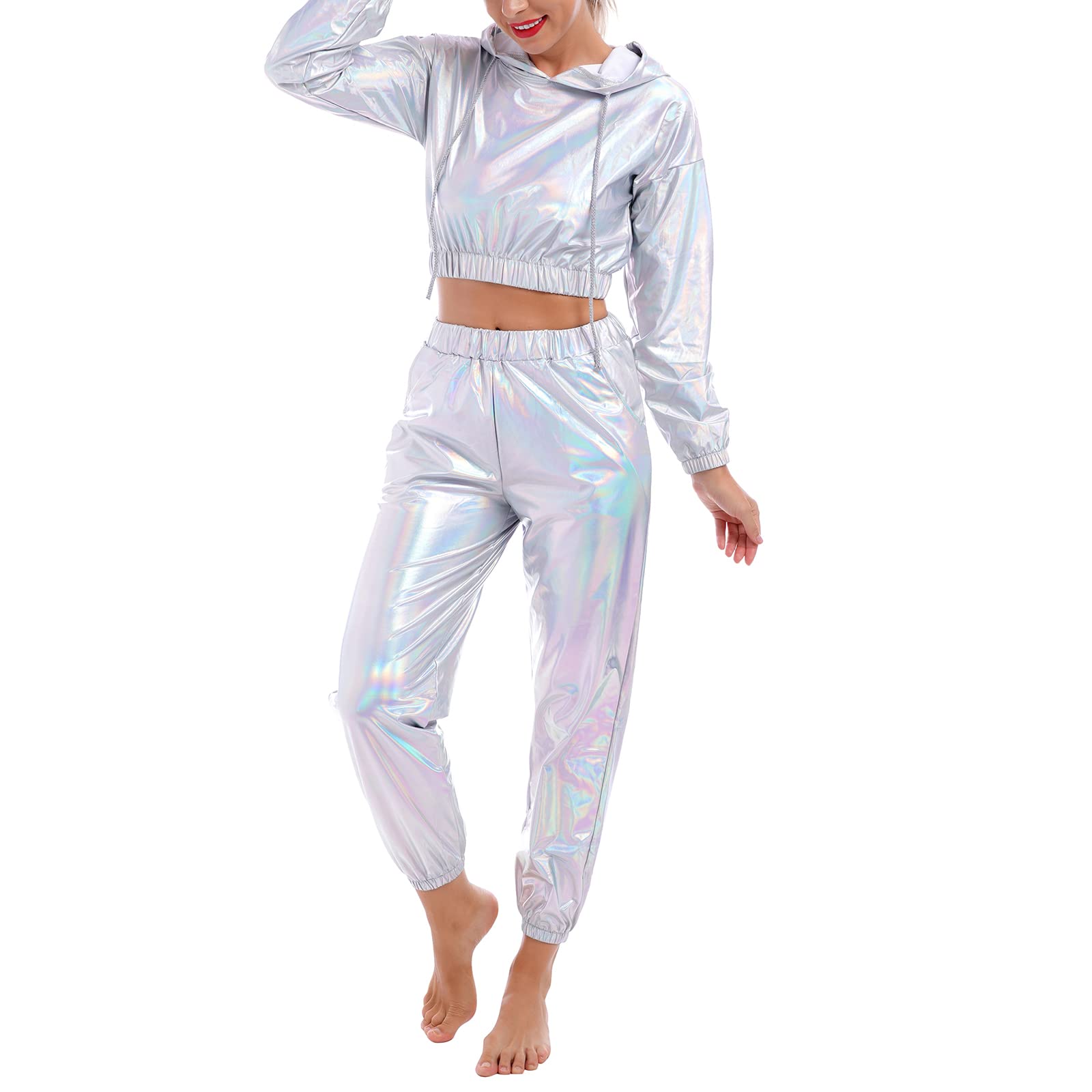 Odizli Jogginganzug Damen Set Langarm Kapuzen Glitzer Metallic Crop Top+Jogginghose 2tlg Trainingsanzug