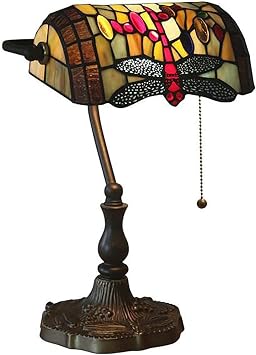 Bankers Table Lamp Tiffany Style Desk Lamp Stained Glass Beside Desk Lamp with Antique Zinc Base for Living Room Bedroom Lighting