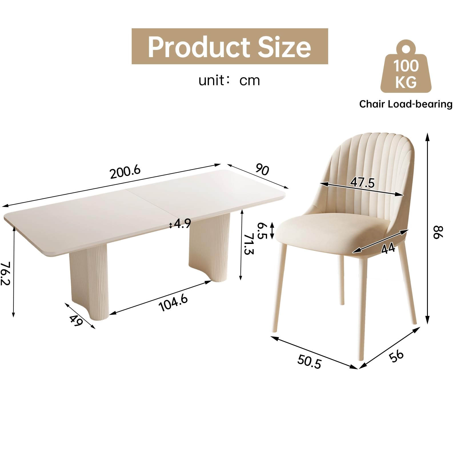 Set di tavolo da pranzo in stile scandinavo, per 4-6 persone, rettangolare, con 8 sedie, lunghezza 200 cm, finitura opaca liscia, ideale per sala da pranzo moderna