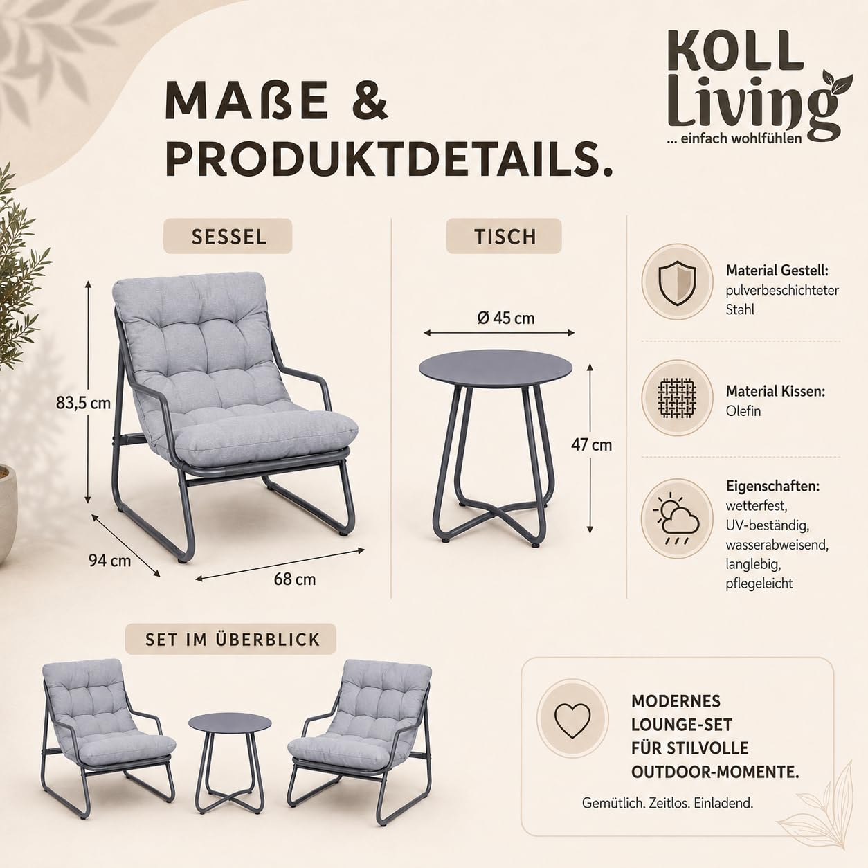 Koll Living Outdoor Bistro-Set Lara | Modernes Gartenmöbel Set mit 2 Sesseln & Tisch | Wetterfest, UV-beständig, wasserabweisend (Grau)