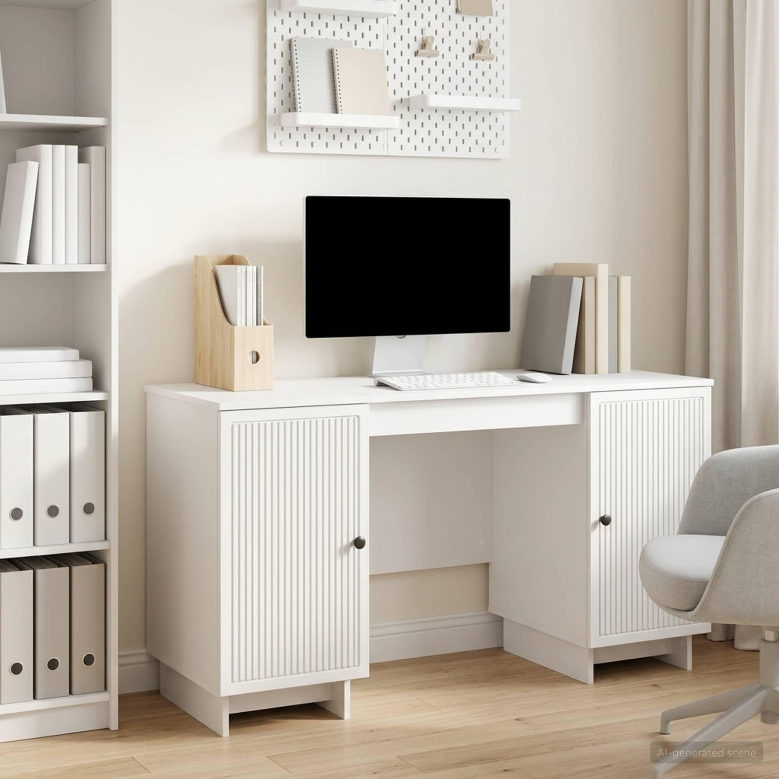 Scrivania bianco lucido in legno ingegnerizzato 142,5 x 50 x 75 cm con ripiano e cassetto, tavolo scrittoio per computer, postazione lavoro per ufficio, studio, smartworking, gaming