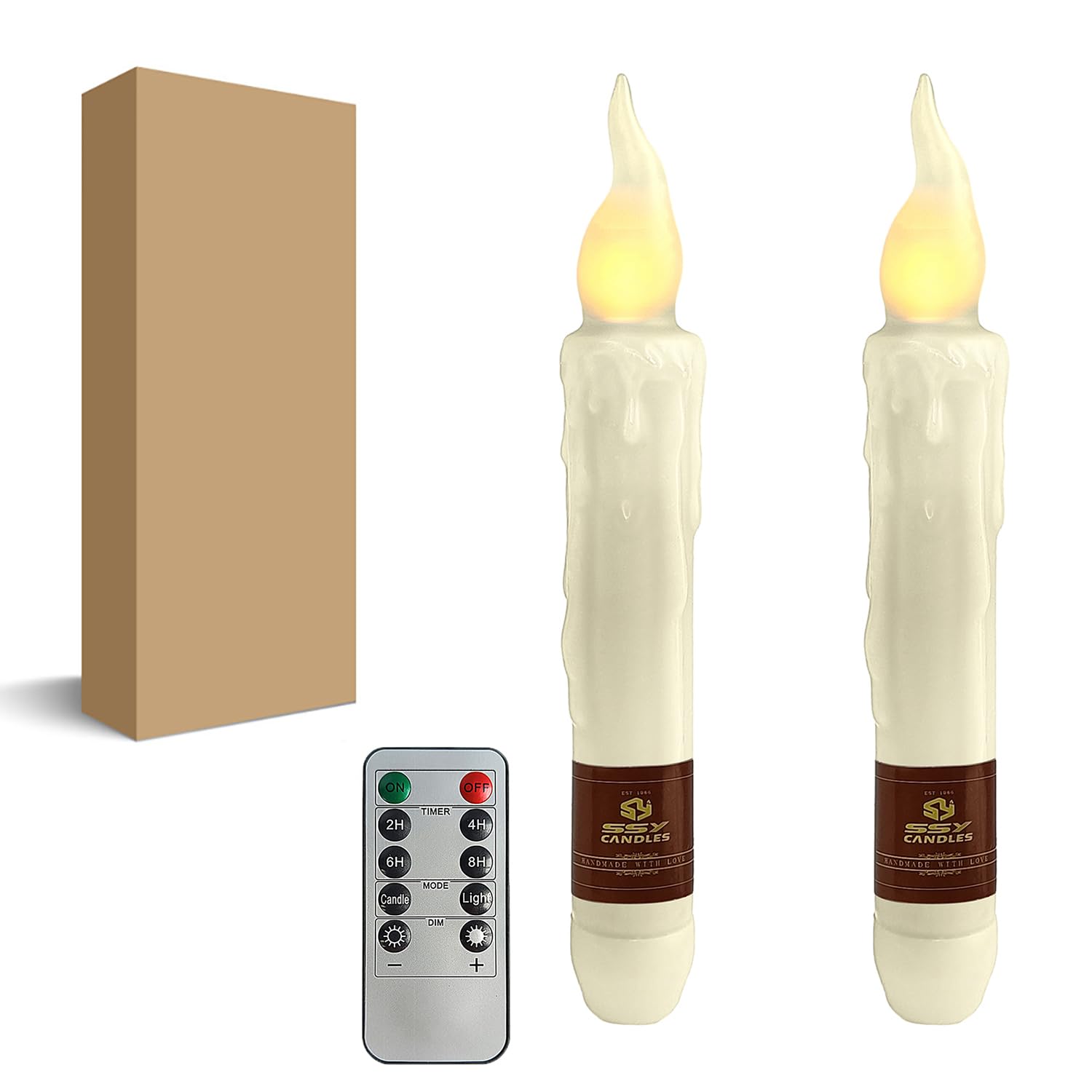 FCMSHAMD Ivory White Flameless Short Taper Candles, Real Wax Hand Dipped LED Battery Operated with Remote, Flickering Flame Lights for Festival Home Décor, 6.7 Inch Primitive Flameless Candles, 2PCS — image 1