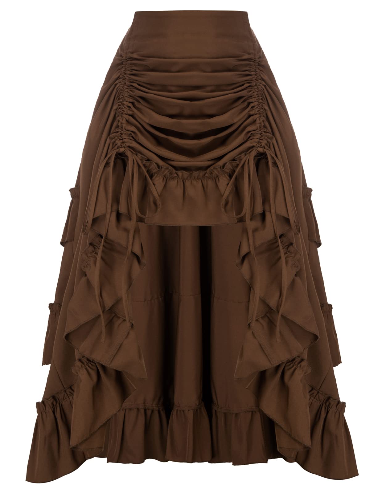 Scarlet Darkness Gothic Skirt for Women Steampunk Victorian Tour Skirt Short Front Long Back Skirt, Brown with Ruffles, L