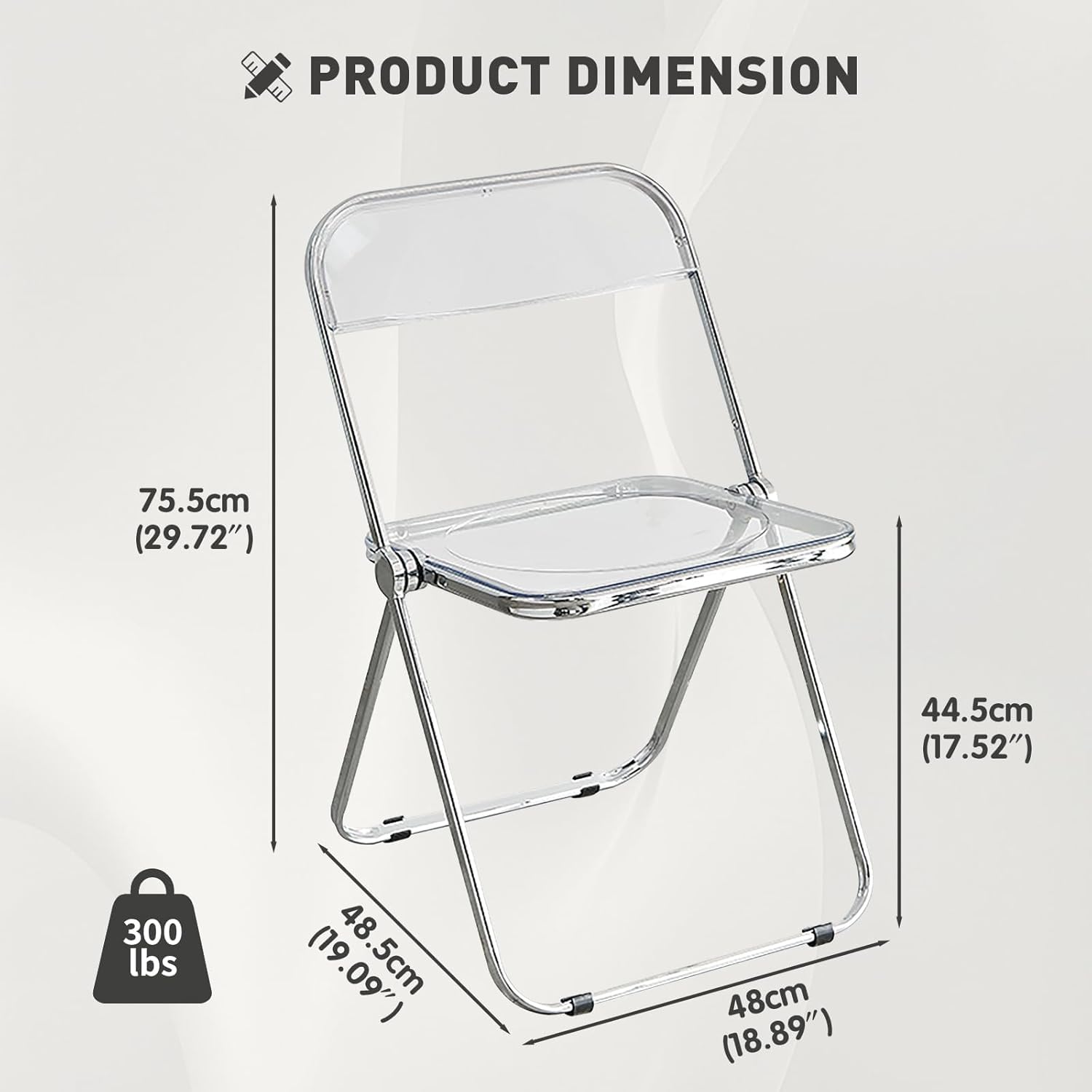 Silla Plegable Transparente, diseño Moderno - Estructura cromada - Adecuada para Comedor, salón, cristalina, Transparente, 48 x 48 x 76 cm