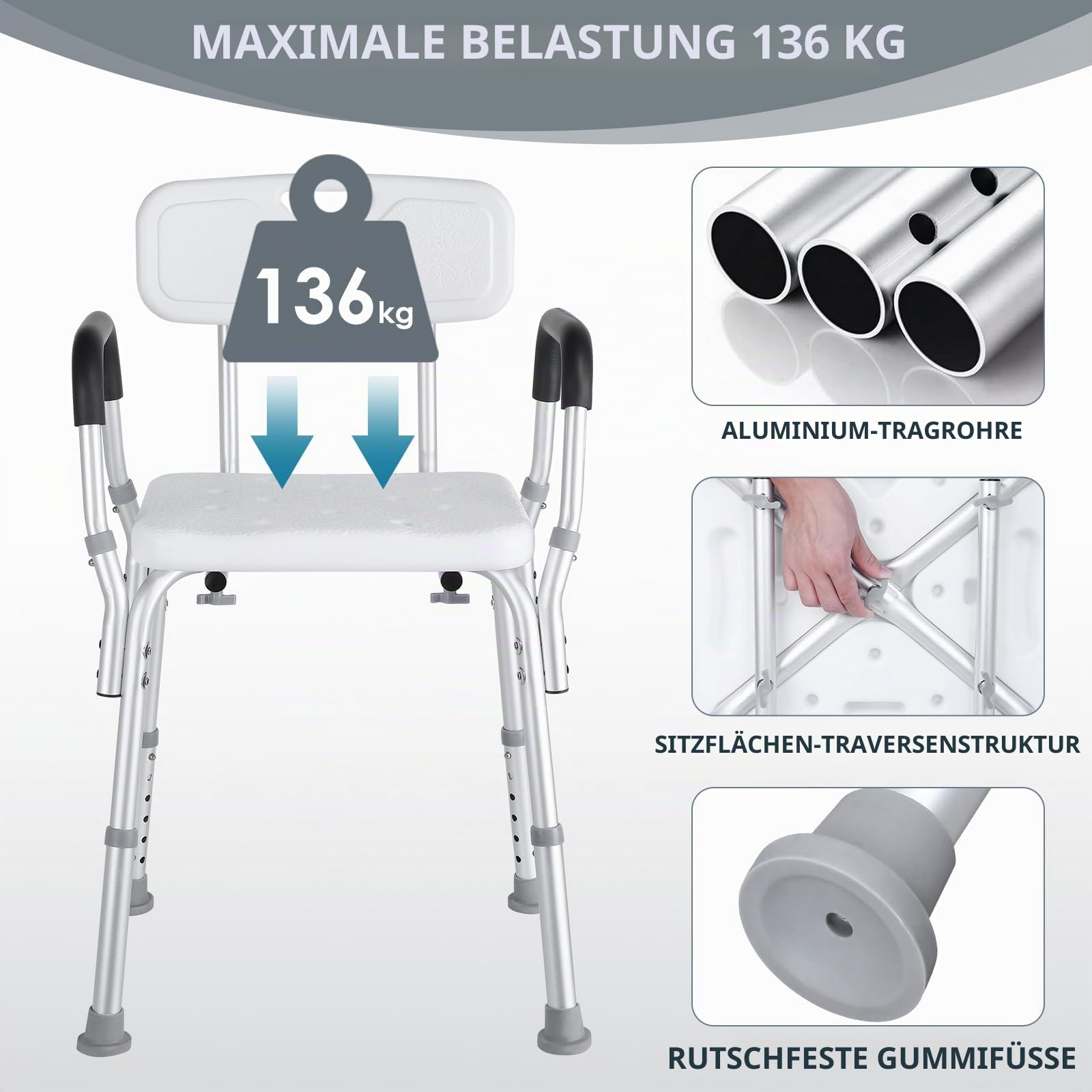 LIFERUN Duschhocker mit Lehne Duschstuhl, für Senioren&Schwangere Duschsitz