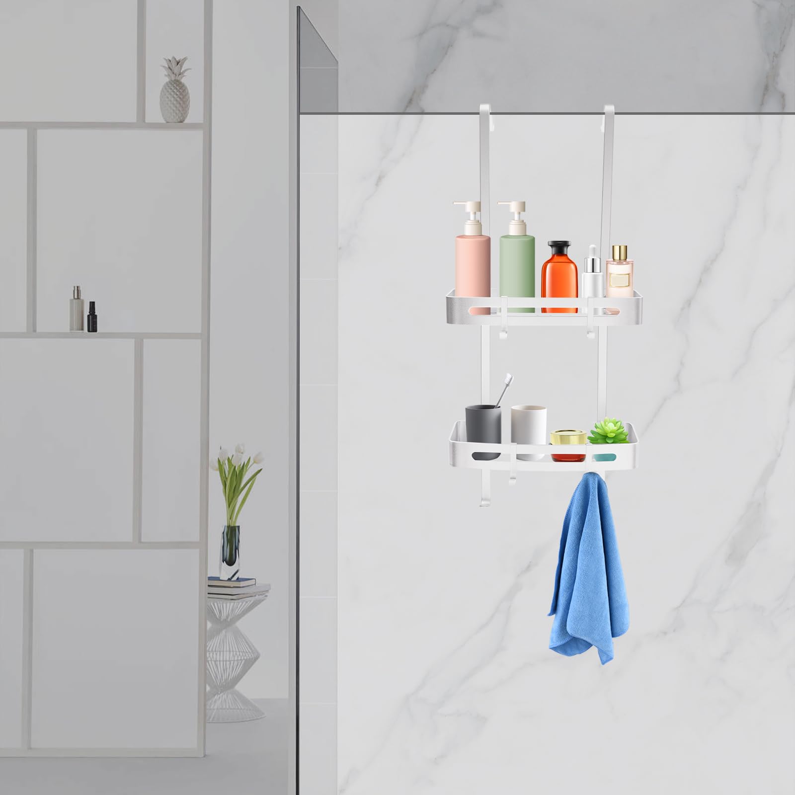 Estante de ducha para colgar de 2 niveles, estante de ducha para baño, champú, cesta de ducha, estante para colgar con 4 ganchos móviles, 32,5 x 12,5 x 73 cm, color plateado