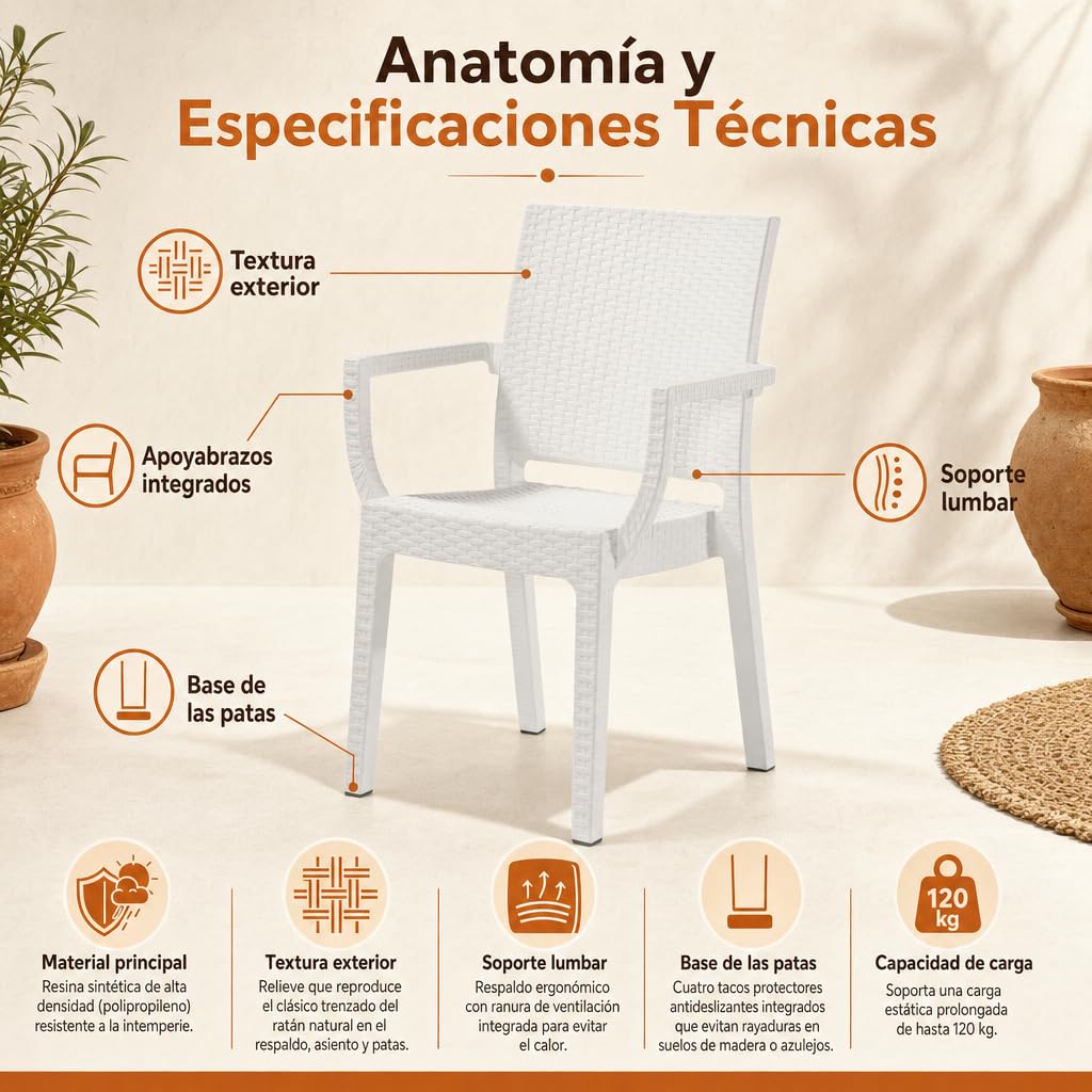 Sillón de Jardín Exterior Efecto Ratán | Resistente y Ligero | Blanco