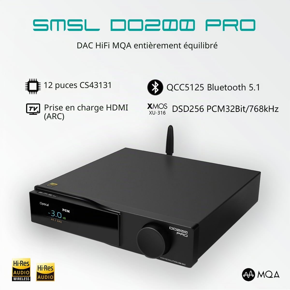 SMSL DO200 Pro Balanced MQA DAC: 12x CS43131XMOS XU316 PCM768kHz DSD256 DAC, USB/Opt/Coax/Bluetooth5.1/HDMI ARC vers RCA/XLR Sortie Convertisseur, HiFi Audio Preamp DAC pour PS5/PC/HDTV/Lecteur CD