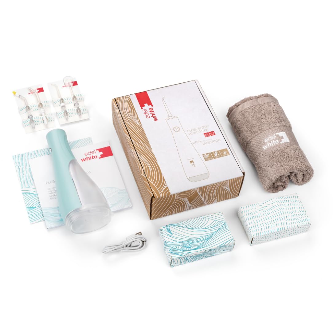Edelwhite Flosserpik Power SPA - Irrigador bucal portátil con batería muy potente, 3 intensidades de chorro de agua, 4 cabezales diferentes, toalla de mano