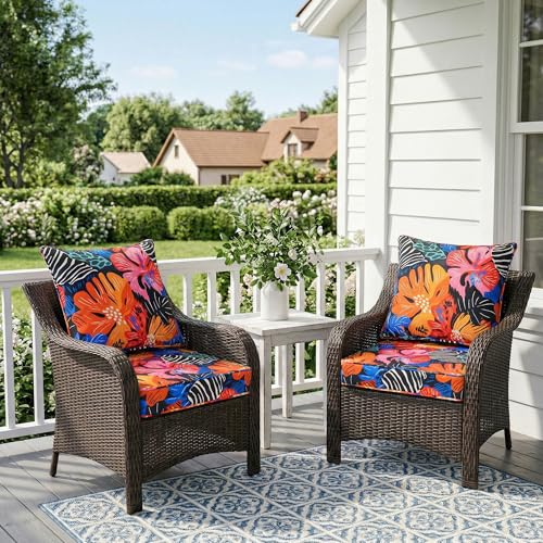 Image of UNIKOME 19 inchx19 inchx3 inch Outdoor Chair Cushions Set - Waterproof Patio Cushions for Outdoor Furniture with Removable Cover, Ties & Handle, Deep Seat Patio Cushions for Sofa Couch - Colorful Floral