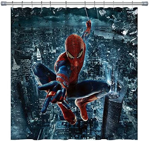 Jiawo Kids Superhero Shower Curtain Hero City Kids Bath Curtains Hero Theme Bathroom Shower Curtain Set with Hooks 71X7H Inches (Dark Grey), 71In x 71In