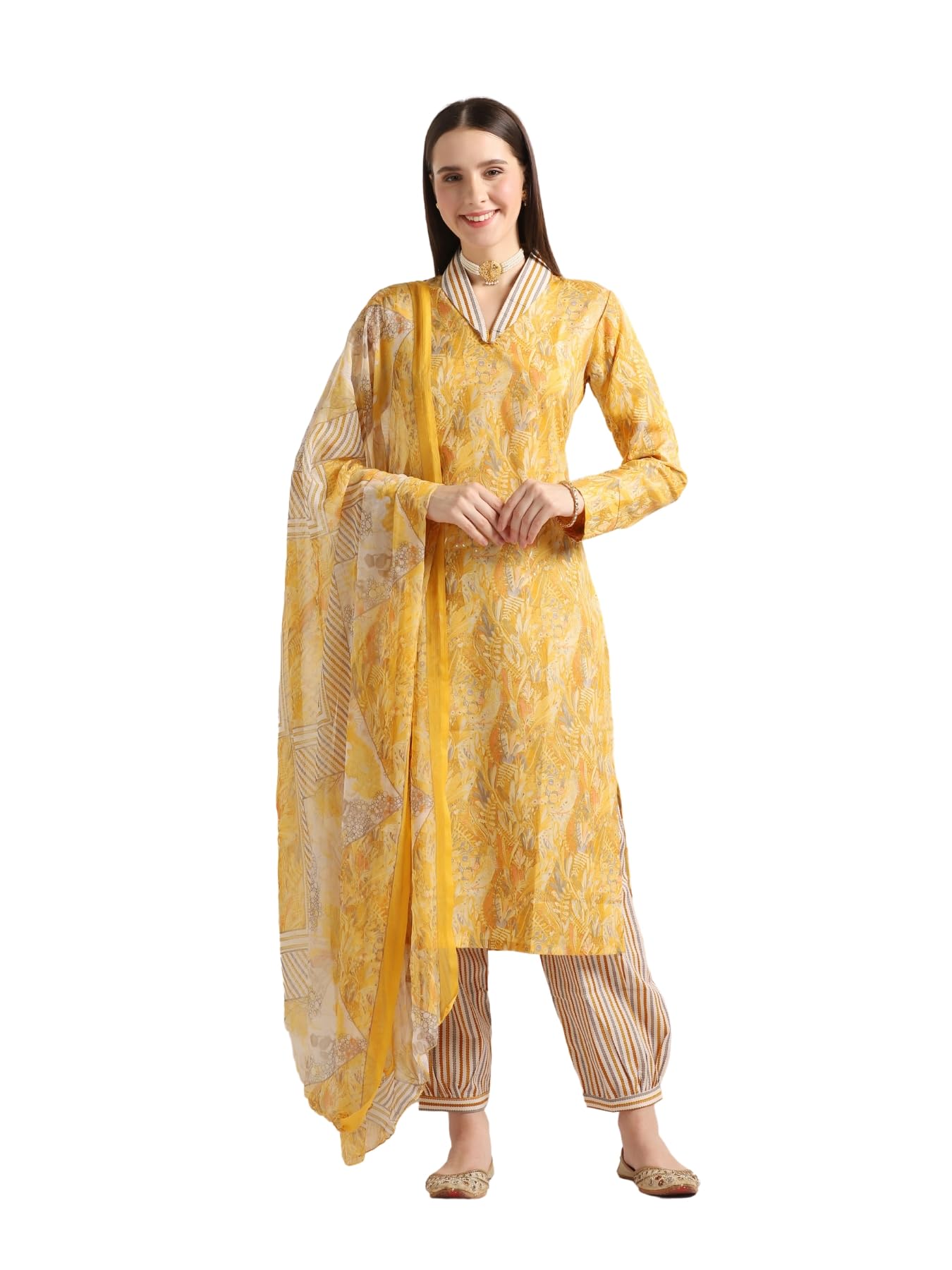 Leriya Fashion Women's Cotton Blend Multi Floral Foil Printed Ethnic Straight Shawl Collar Kurta & Patiyala Style Pant With Dupatta Set For Function Festival Office Wear Kurti Set (3X-Large, Yellow)