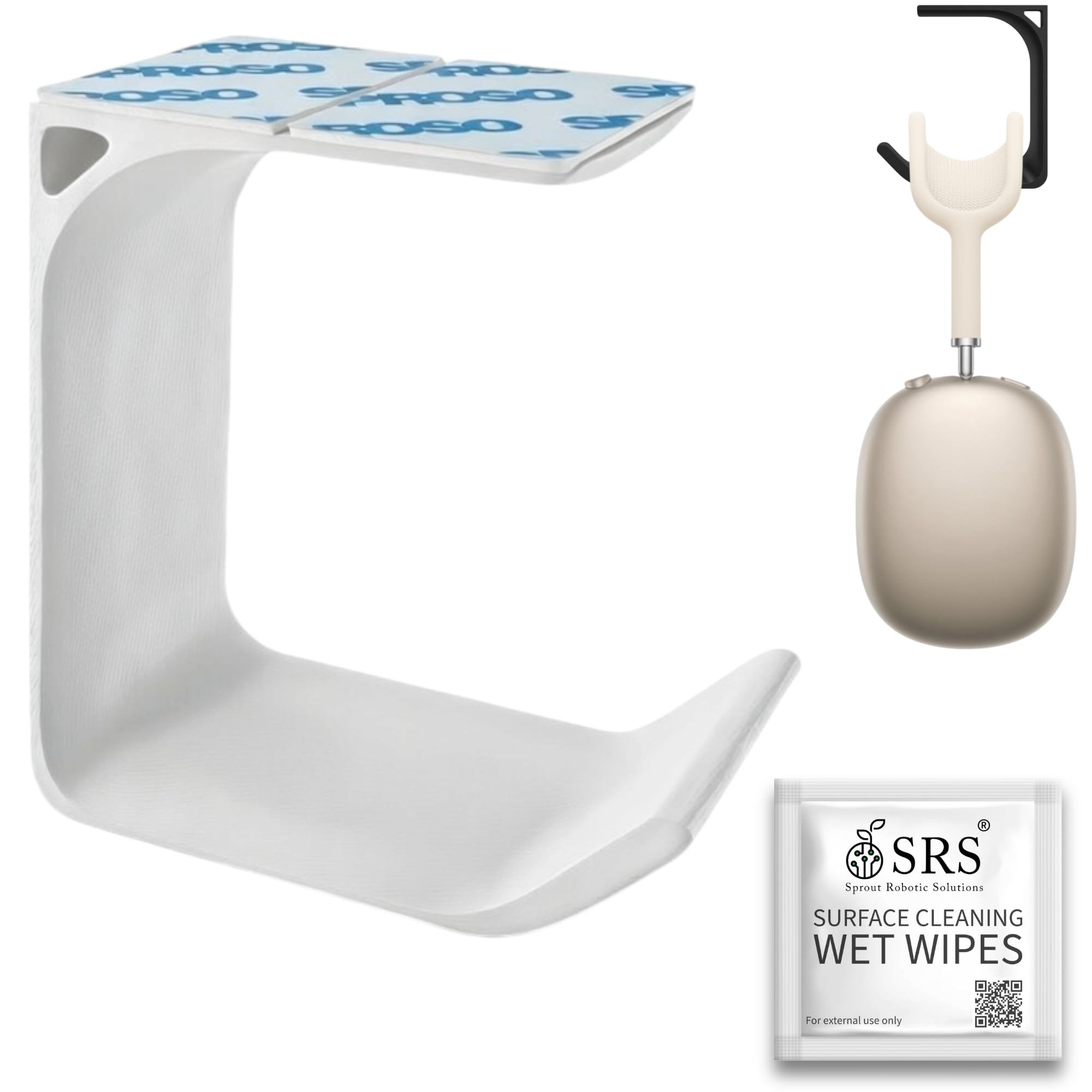 srs® headphone stand holder | under desk hook & cable organizer | stick-on adhesive | superior-grade abs | includes surface cleaning wipes for easy setup & organization (white, pack of 1)