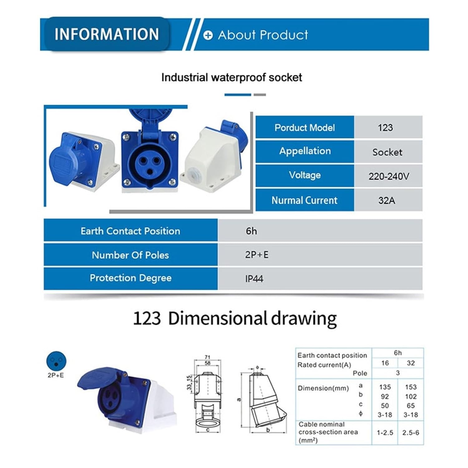 1PCS 32A 3Pin 2P+E Electrical Wire Cable Outdoor Waterproof Connector Industrial & Sockets 220V-240V IP44 Junction Box(223)