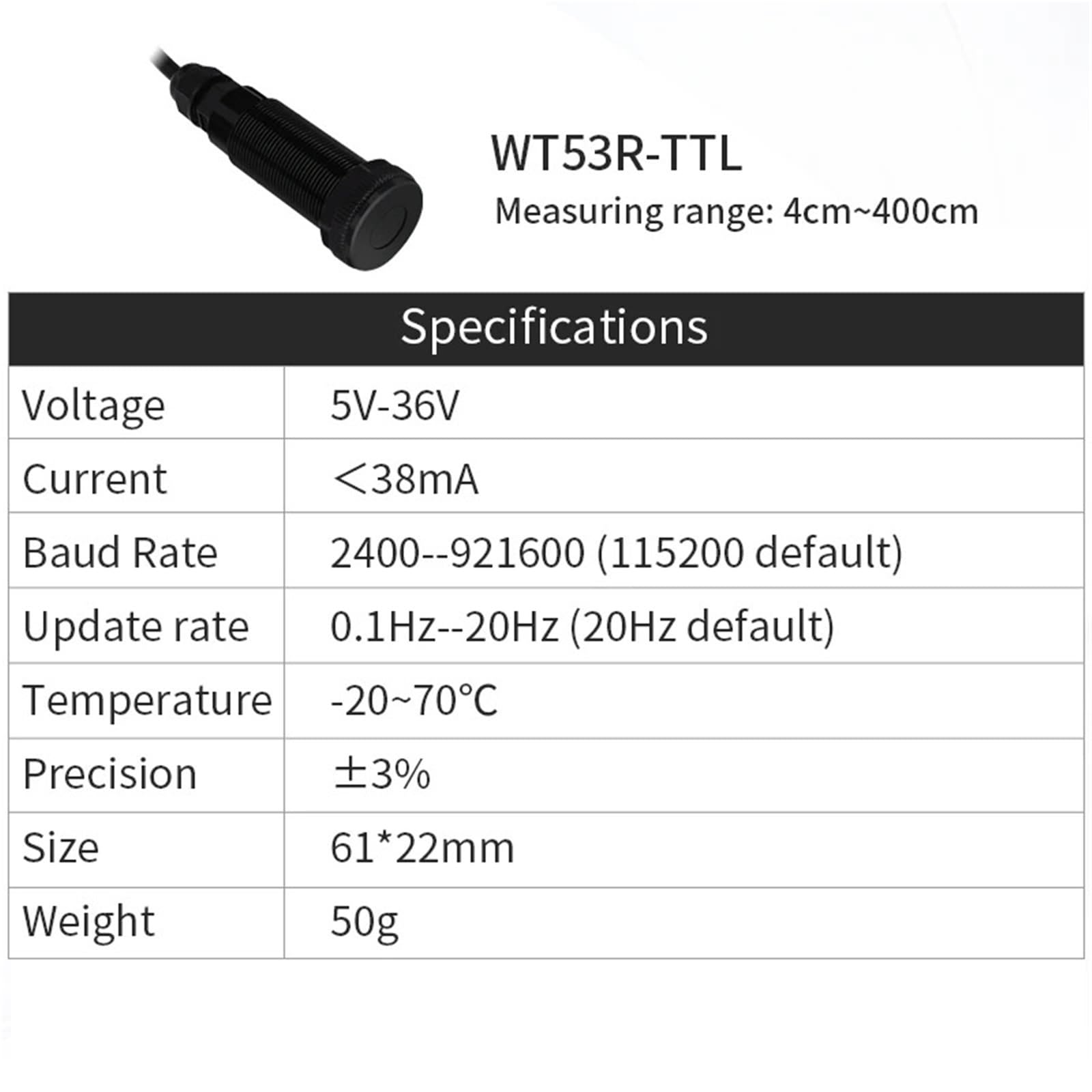 Capteur de télémétrie Laser UART VL53-400 (4-400 cm), Module de Distance Laser VL53L0 (3-200 cm), Sortie de données TTL/IIC 100 Hz, 3,3-5 V(WT53R-TTL)