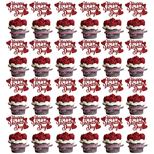 40PCS Valentines Cupcake Toppers, Red Glitter Happy Valentines Day Toppers for Wedding Engagement Party Decorations