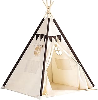 Lavievert Cotton Canvas Teepee Tent for Kids, Portable Toddler Play Tent Playhouse with Bottom Mat for Boys & Girls Indoor Outdoor Games