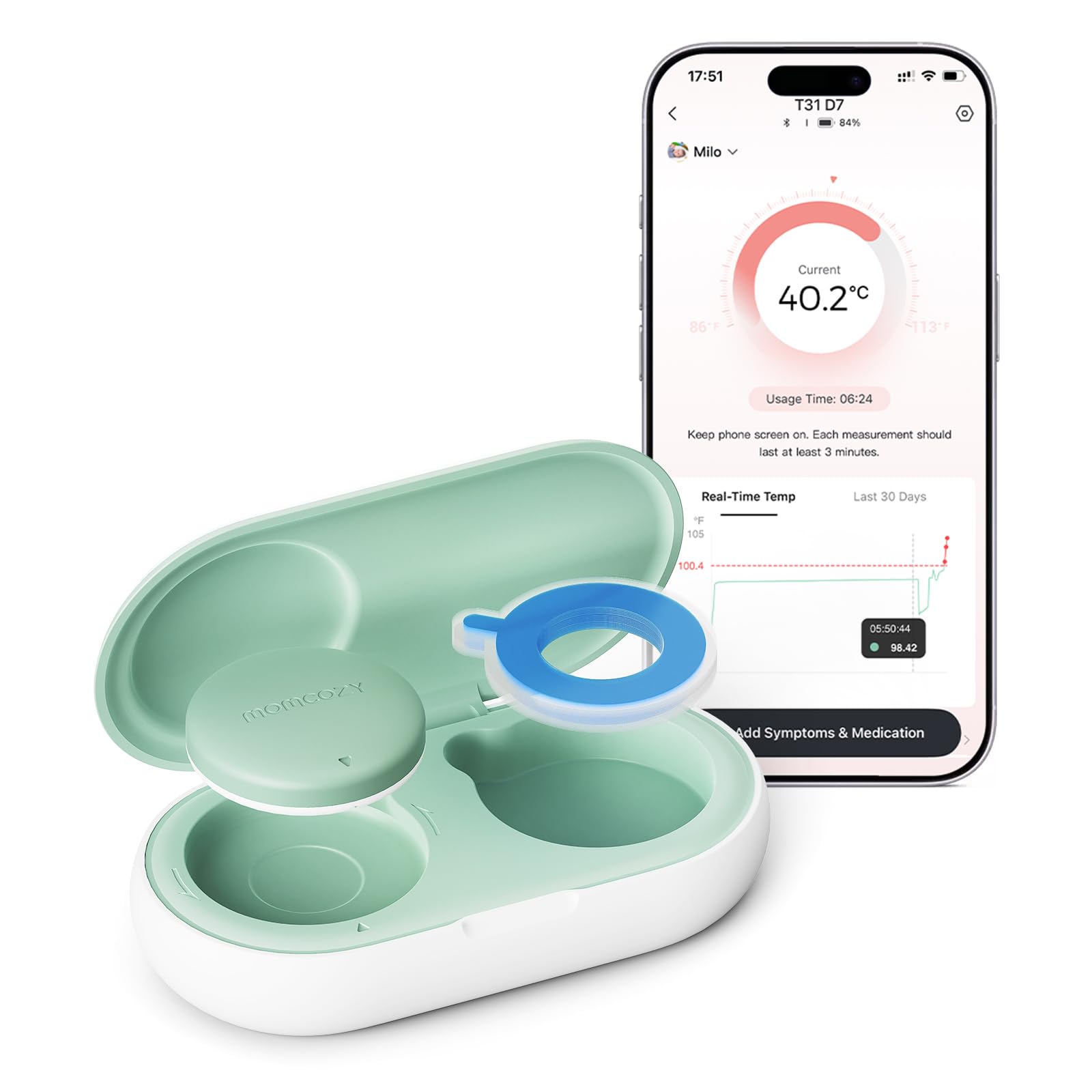 Thermomètre Numérique Portable Momcozy pour Bébé, Qualité Médicale, Lectures Instantanées, Suivi en Temps Réel via Application pour Nourrissons et Enfants, Bluetooth, Vert