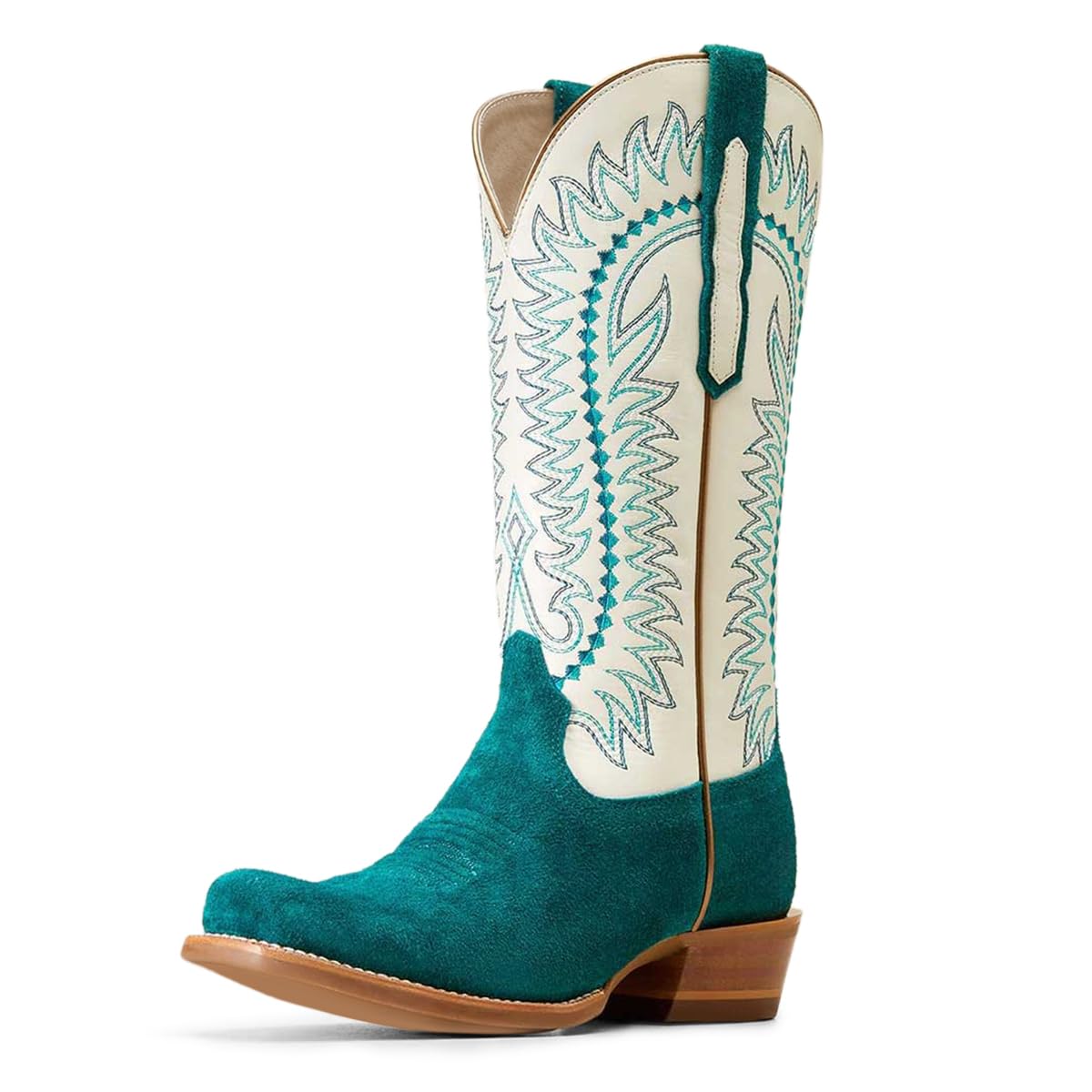 FOWT Women Round Toe Embroidered Patchwork Mid Calf Boots Pull on Block Low Heel Cowboy Boots Comfy Lining
