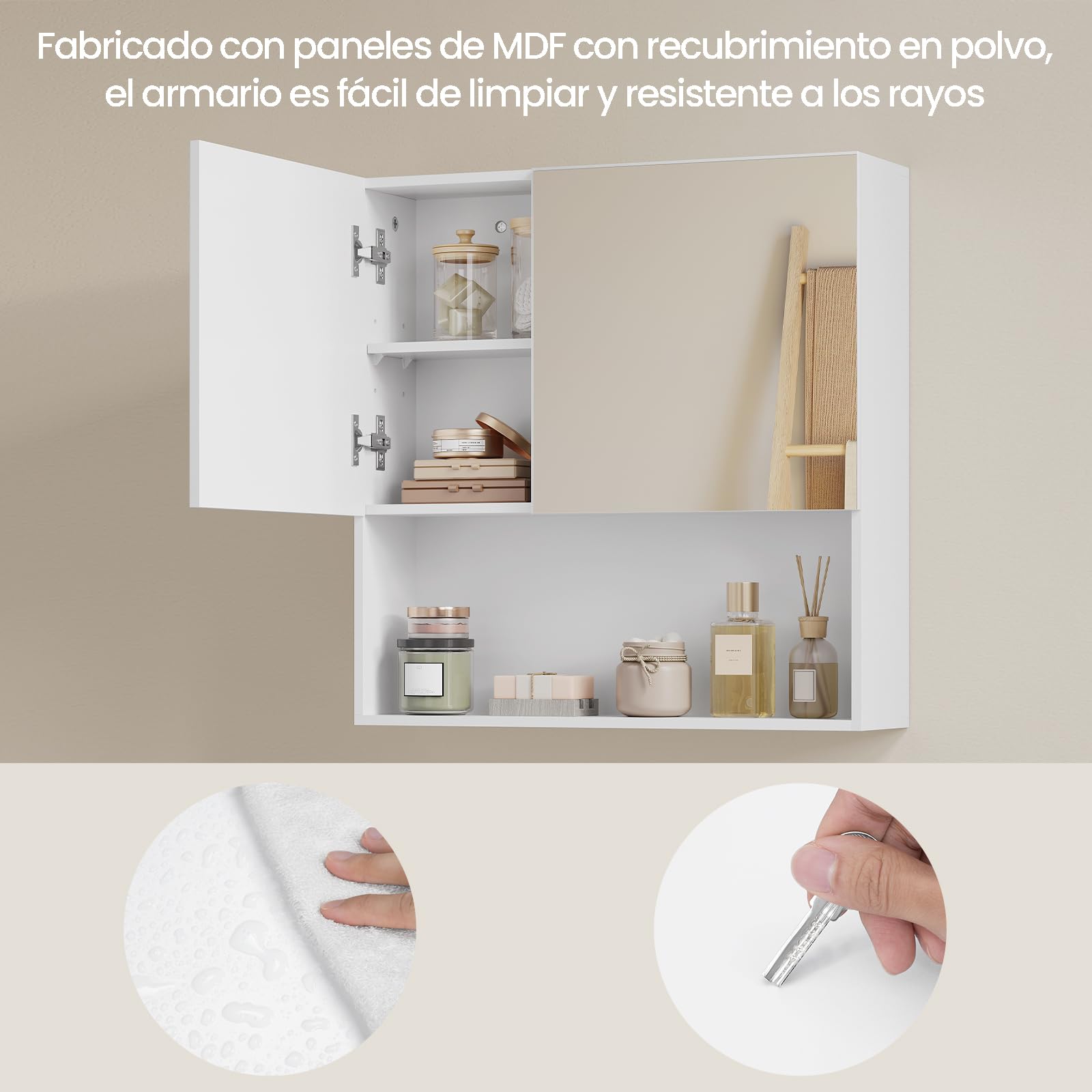 EUGAD Armario Baño de Pared, Mueble Baño con Espejo, Armario Colgar de Baño con Puerta y Estante Ajustable, 4 Compartimentos Interiores y 1 Abierto, MDF, Blanco