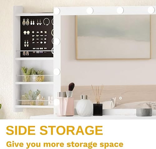 Miniatura 4 de DWVO juego de mesa de tocador con espejo iluminado y taburete, escritorio de maquillaje con enchufes y 4 cajones, elegante mesa de vestir