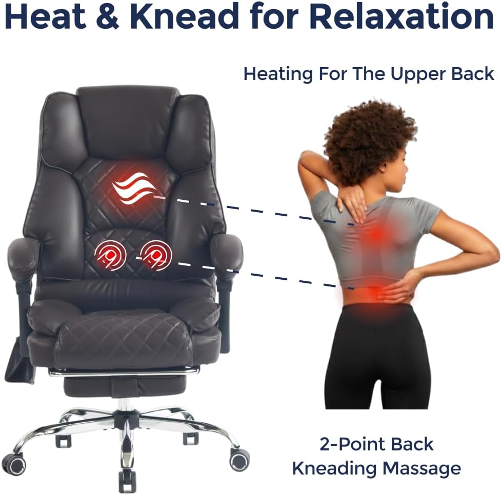 Ergonix 2-Point Kneading Heated Massage Office Chair with Foot Rest | 500lbs Big & Tall Ergonomic Desk Chair for Heavy People | Reclining Home Office Computer Chair | Leather Dark Brown