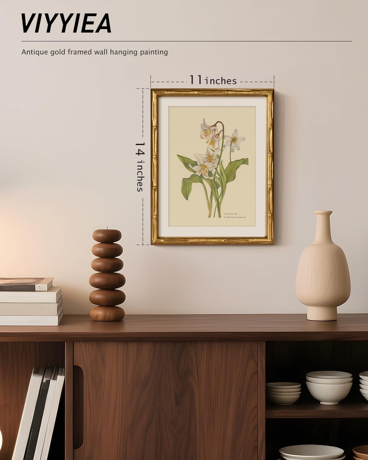 VIYYIEA Gold Framed Bamboo Wall Art, Vintage Avalanche Lily Botanical Prints, Flowers Pictures Wall Decor, Antique Plant Artwork with Mat, Vintage Home Decor for Living Room 14L x 11W