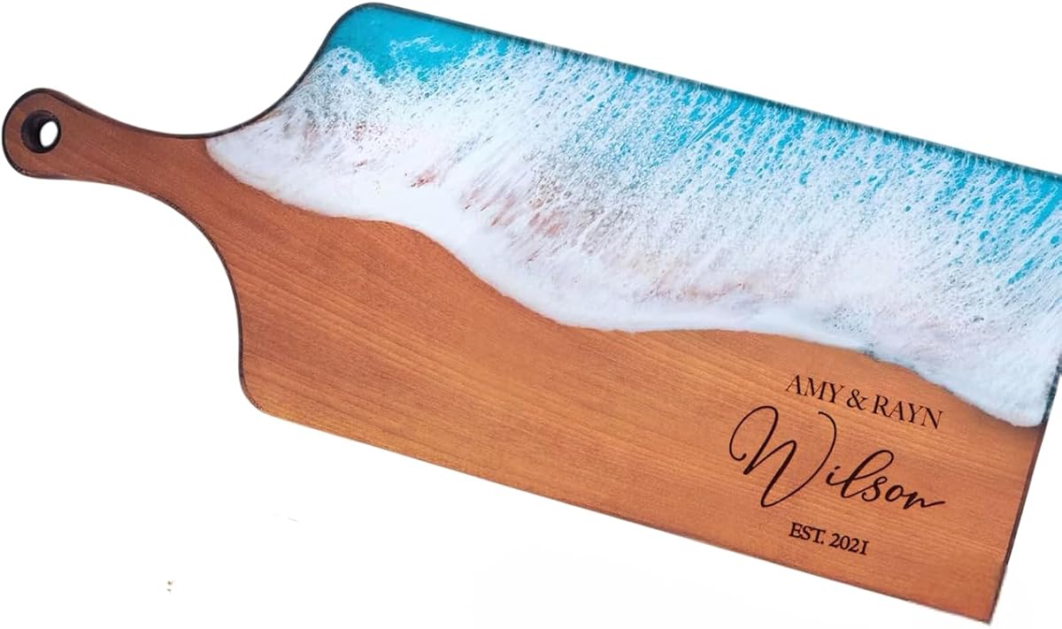 Personalized Epoxy Resin Cutting Board – Custom Live Edge Walnut Charcuterie Board – Wedding Gift for Couple, Housewarming, Engagement, Anniversary – Handmade Cheese Serving Tray