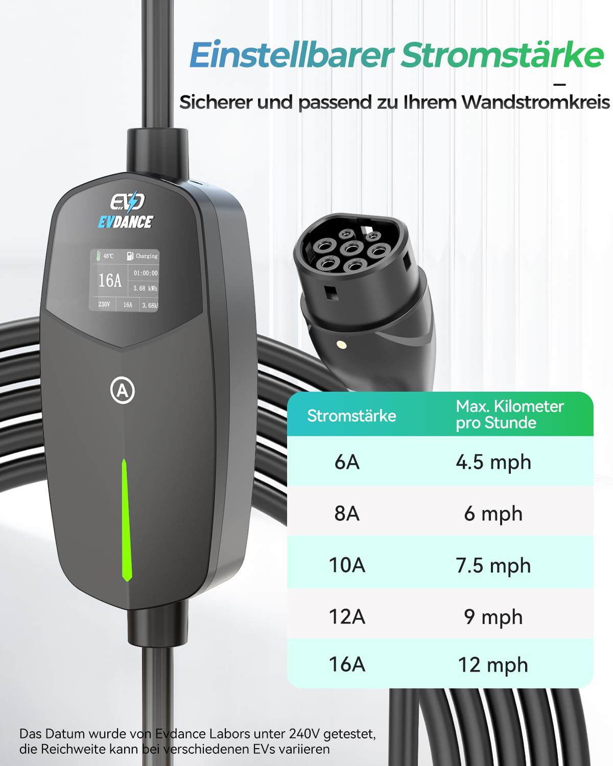 EVDANCE Typ 2 Ladekabel Schuko für Elektroauto 3,68kW[1-phasig, 6.1m, 6-16A] Ladekabel Elektroauto Typ 2 Schuko für Elektroauto & Hybrid(PHEV/EV) - Schwarz