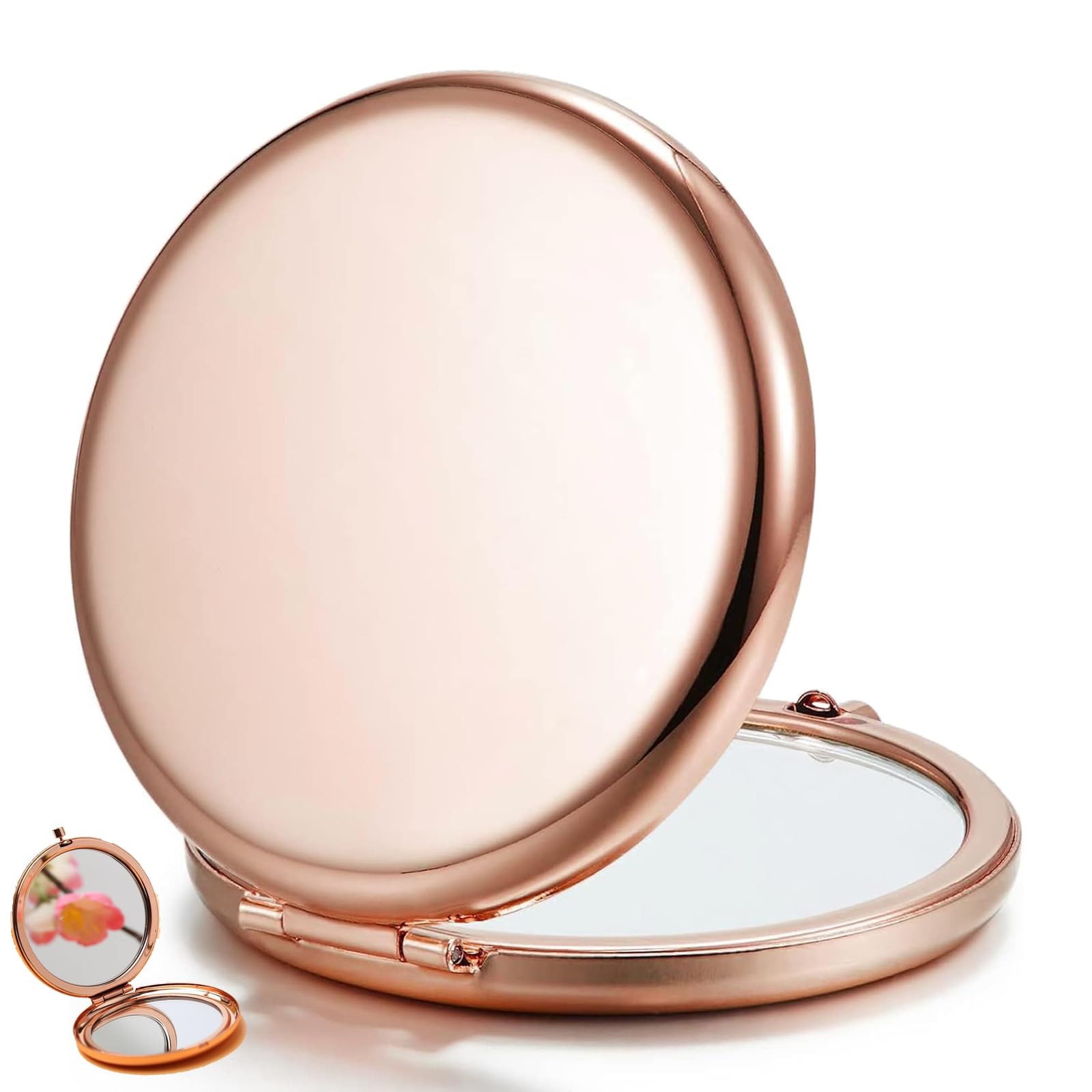 yunfeen Compact Mirror, Double-Sided 1x/2x Magnifying Metal Travel Makeup Mirrors, Small Handheld Mirror, Handbag Mirror, for Purse, Handbag (Rose Gold)