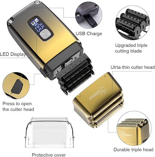 Miniatura 2 de Hatteker Afeitadora de cabeza de aluminio con triple cuchillas para hombres, rasuradora eléctrica para hombres con cabeza calva, recortadora de