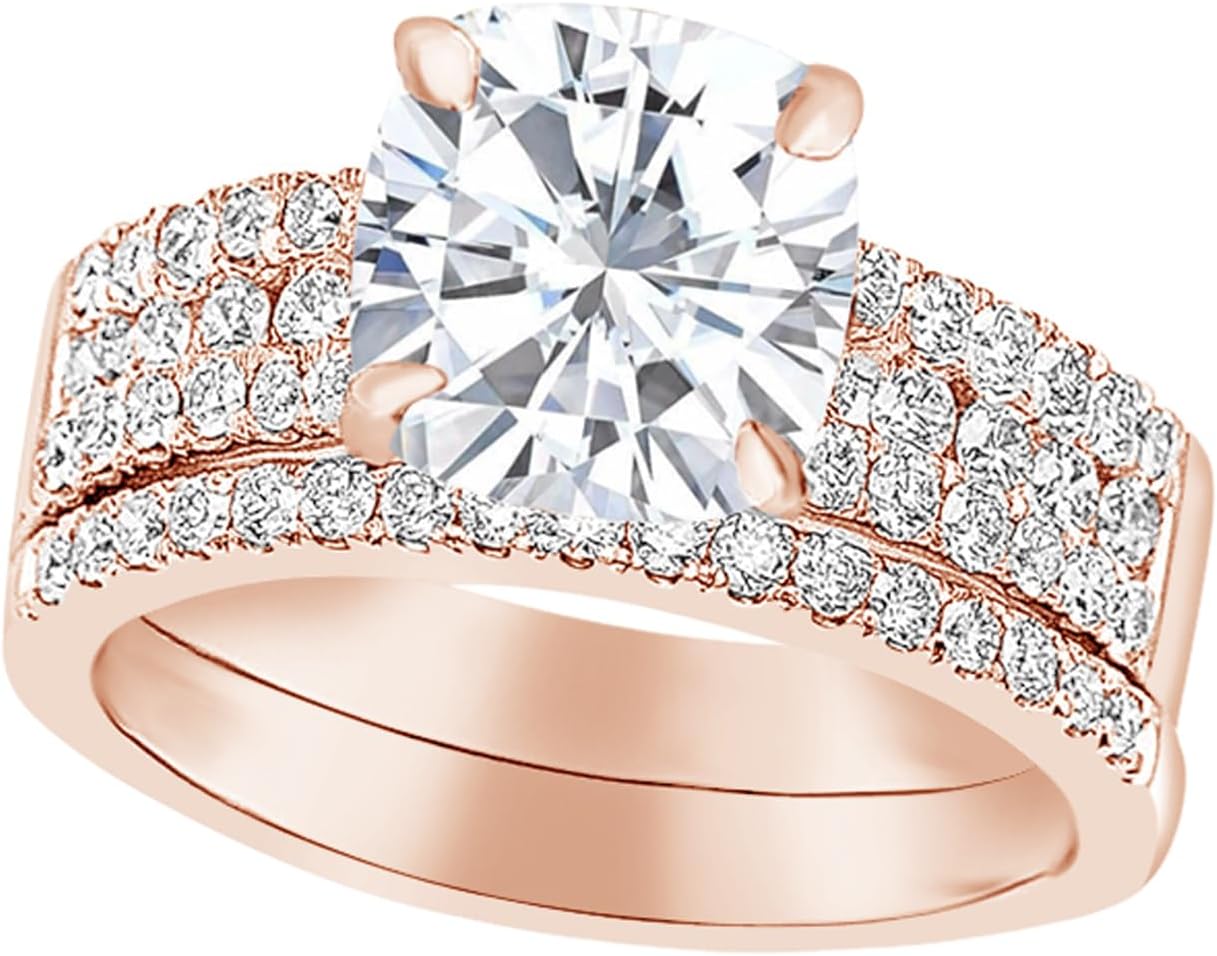 1-6 Carat 14K White Gold Cushion LAB GROWN Diamond 3 Row Channel and Prong Set Wedding Bridal Set (AAAA Heirloom Quality)