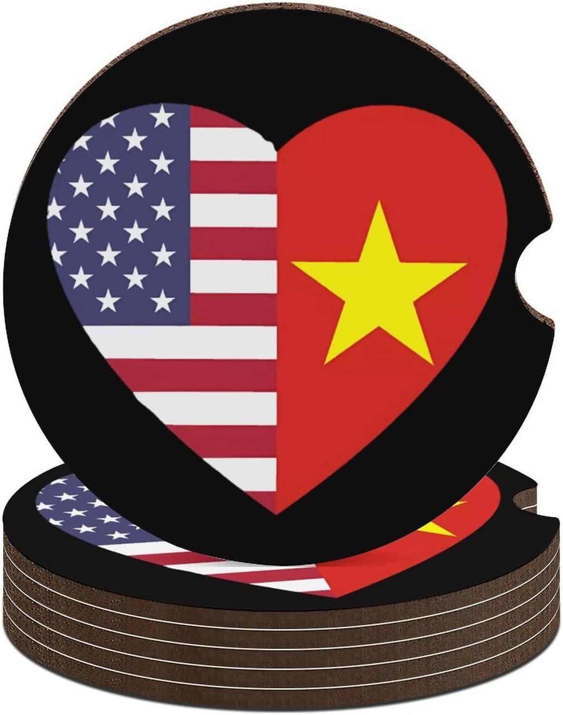 U.S.A. Vietnam Flag Heart Cute Car Coasters 2.56 Inch Absorbent Cup Holder for Drinks Auto Interior Accessories