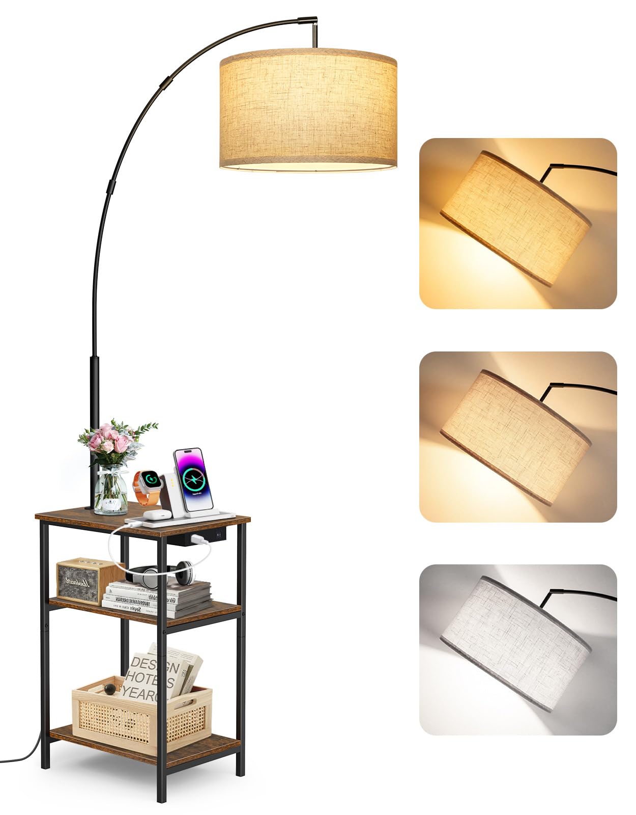 OUTONLIFE 76'' Tall Arc Floor Lamp with Table & Remote, Side End Table with Charging Station, Dimmable Nightstand with 3 Color Temperatures, 1-Hour Timer, 9W LED Bulb, for Living Room, Bedroom