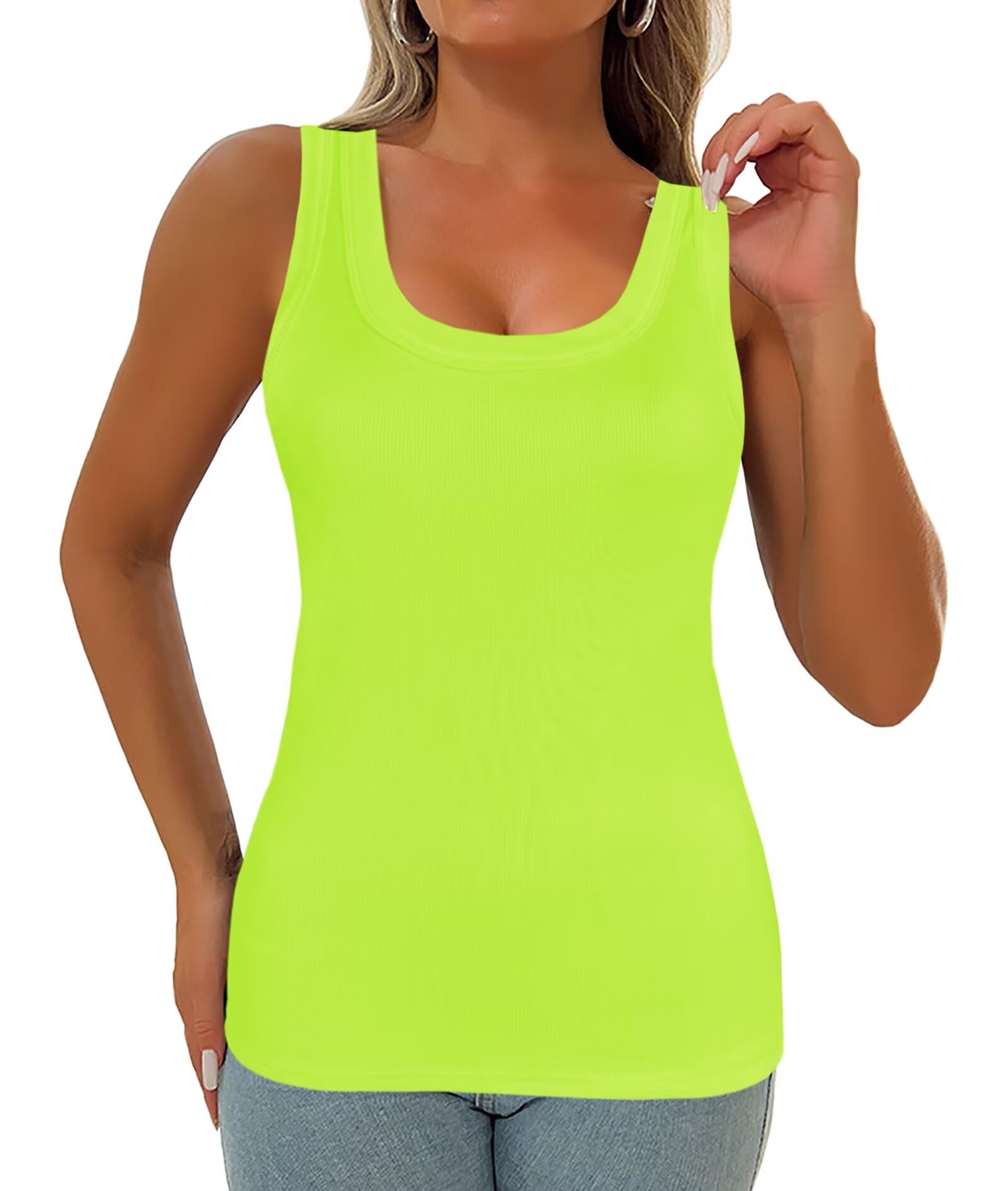 Afibi Womens Scoop Neck Ribbed Tank Tops Low Cut Solid Sexy Summer Sleeveless Fitting Tees Shirts