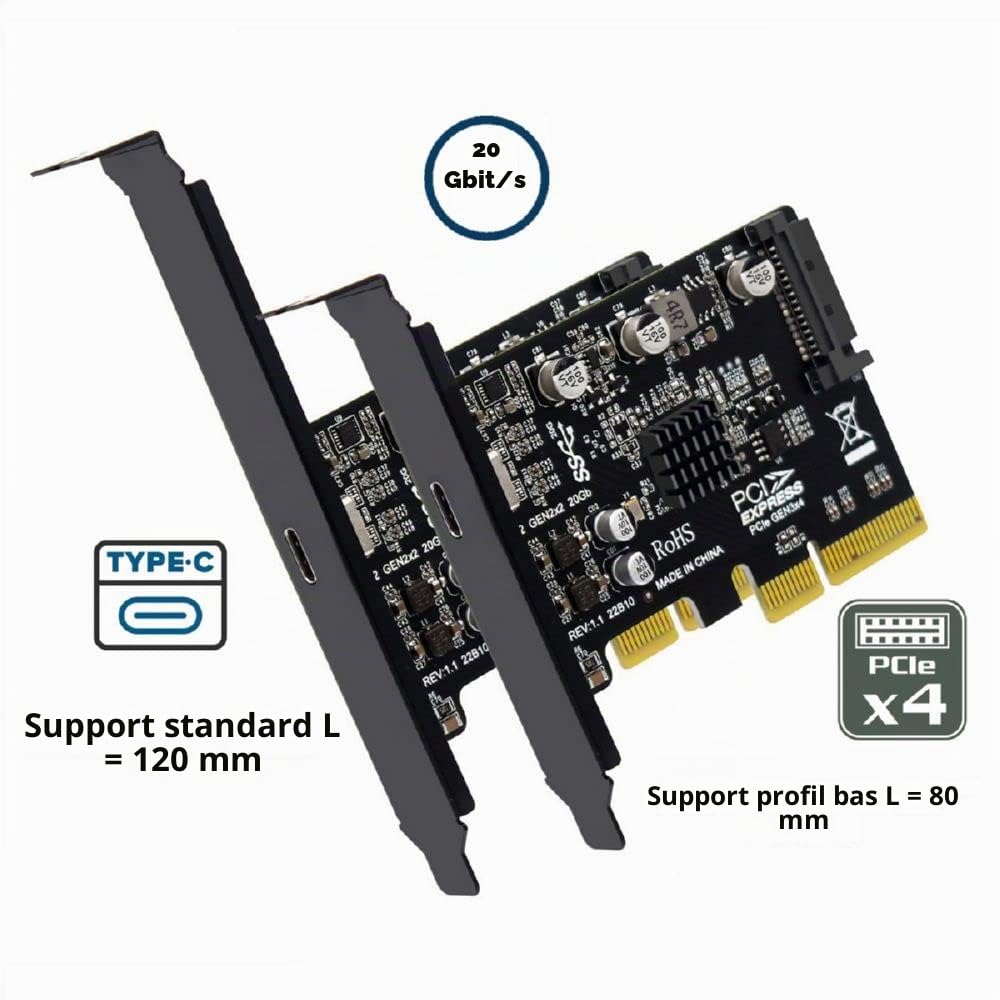 Xiwai Adaptateur USB 3.2 Gen2 Type-C USB-C vers PCI-E 4X Express pour carte mère de bureau 20 Gbit/s