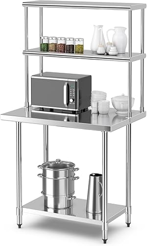 Giantex Mesa de acero inoxidable con repisa, mesa de preparación de 36 x 24 pulgadas con estante superior de 36 x 12 pulgadas, estante superior de 2