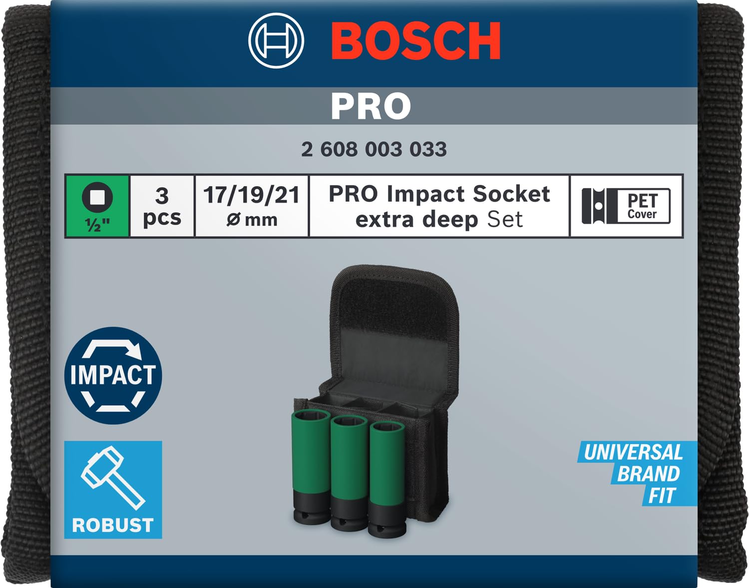 BOSCH Impact Socket Set 7-Piece | High-Torque CRMO Steel for Extreme Durability | Black Phosphate Coating for Corrosion Resistance | Secure Pin & Ring Design | Laser-Etched Sizes