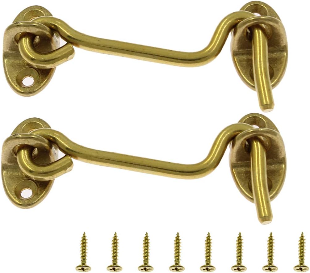 2Pcs Solid Brass Barn Door Lock 4 Inch, Privacy Hook and Eye Latch, Thicken Gate Latch for Sliding Barn Door, Wooden Fence, Window, Cabin, Closet (Gold)