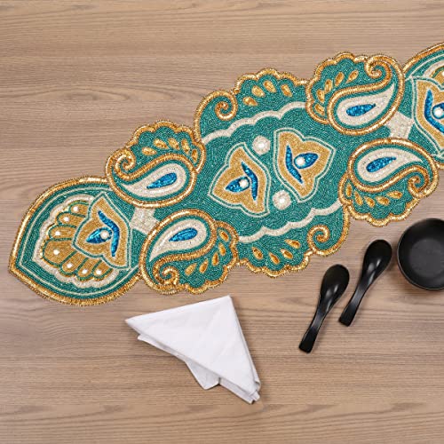 Christmas Table Runner 36 Inches, Beaded Table Runner, Beaded Runner, Table Runner, Beaded Table Runner 36 Inches Long, Handmade Table Mats For Christmas New Year Decoration - Paisley - Teal Gold #TOP4