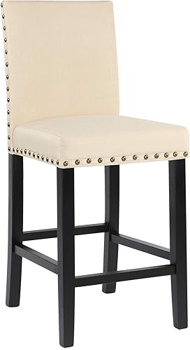 Miniatura 5 de THKSBOUGHT Taburetes de mostrador para decoración de cabeza de uñas, cojines suaves de 24 pulgadas con patas de madera maciza (juego de 2 beige)