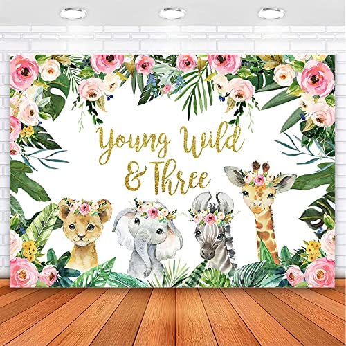 Avezano Young Wild and Three Birthday Backdrop Gold Safari Jungle Animals Third Birthday Party Background Girls Young Wild and Three 3rd Birthday Party Backdrops Decorations (7x5)