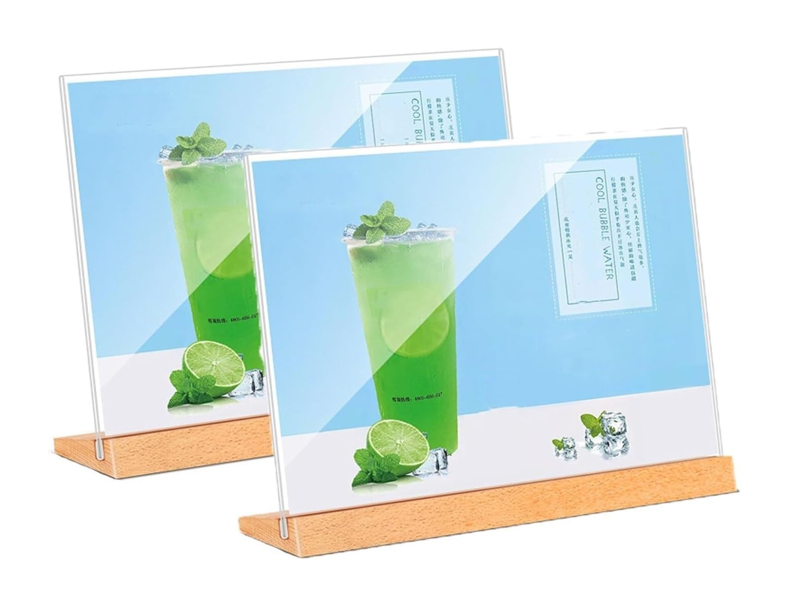 Scumlovy Horizontal Acrylic Sign Holder, 2-Pack Wooden Base Menu Holders Inclined Double-Side Display Multiple Sizes(,A4 (21 * 29.7Cm))